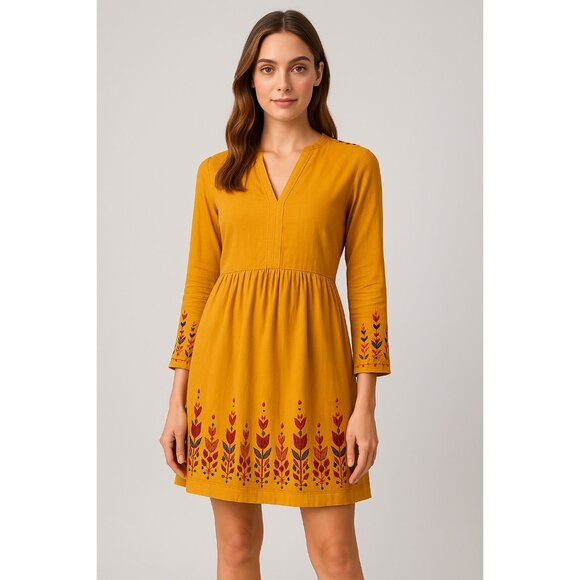 Anthropologie Boho Mustard Embroidered Tunic Dress – Size M Long Sleeve Mini - Picture 1 of 12